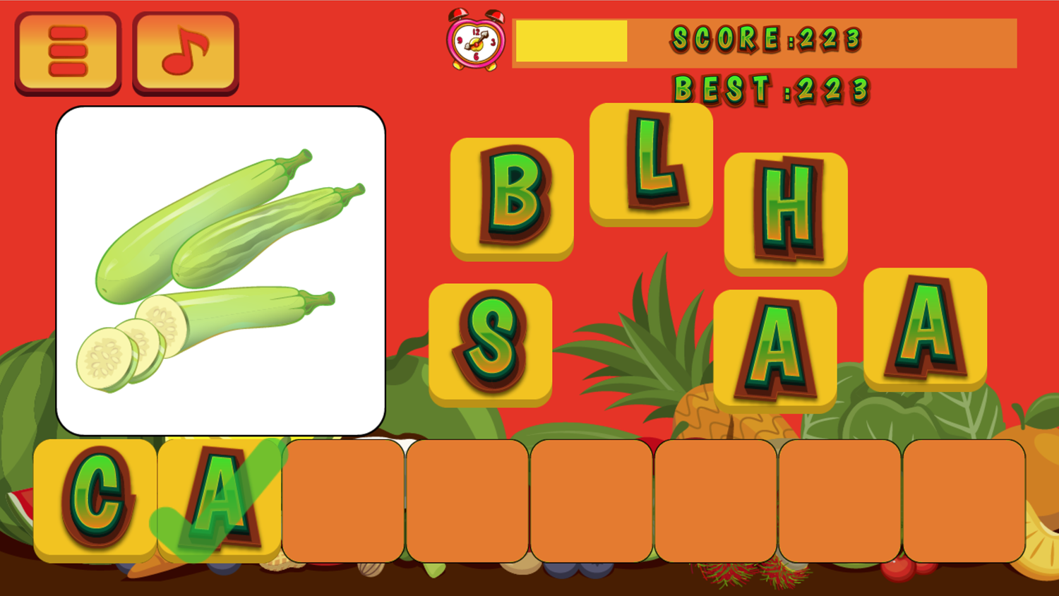 Fruits and Vegetables Word for Kids Game Correct Letter Screenshot.