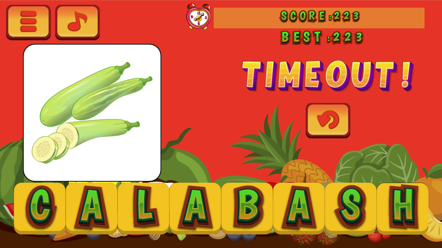 Fruits and Vegetables Word for Kids Game Over Screen Screenshot.