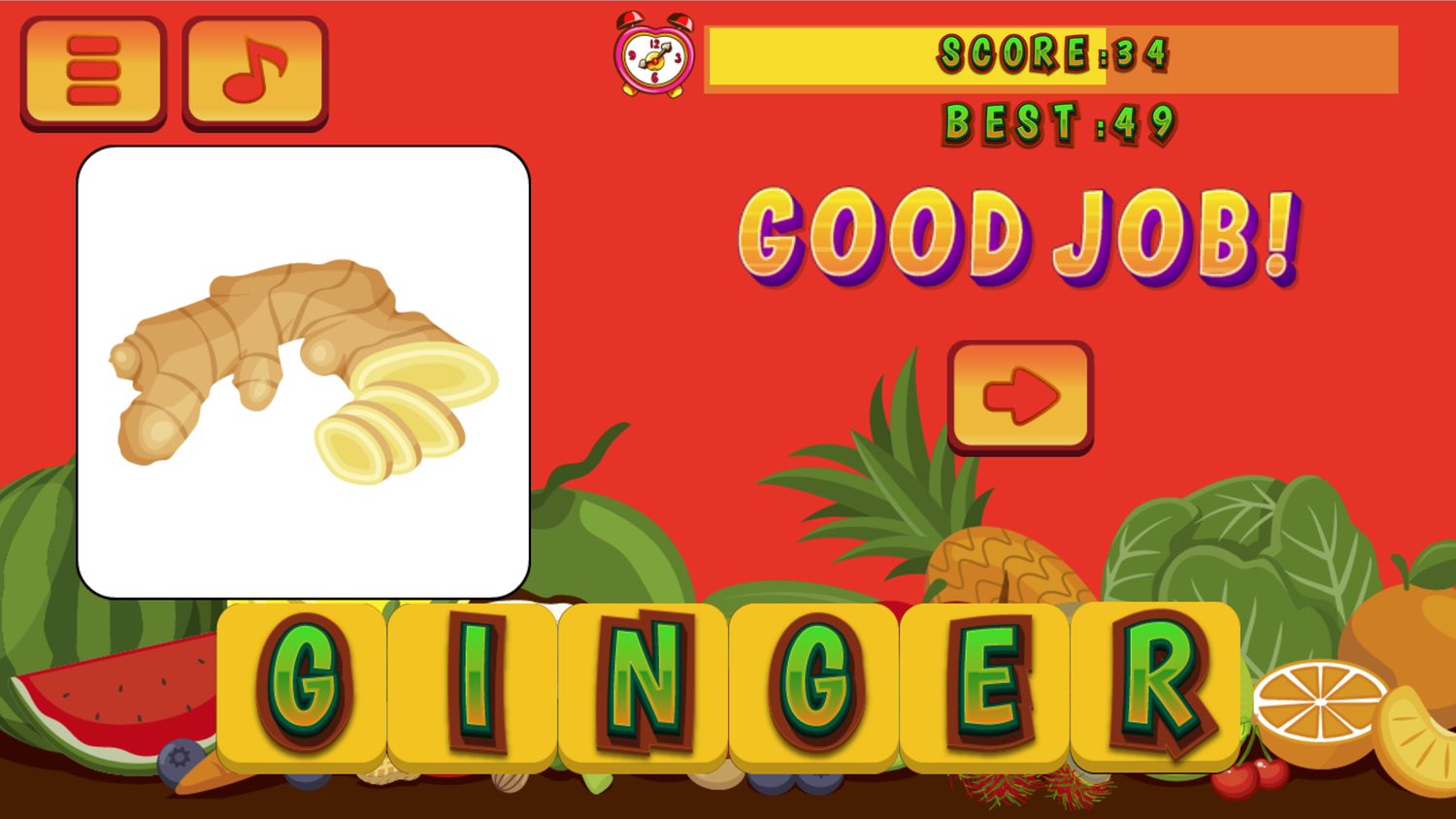 Fruits and Vegetables Word for Kids Game Ginger Screenshot.