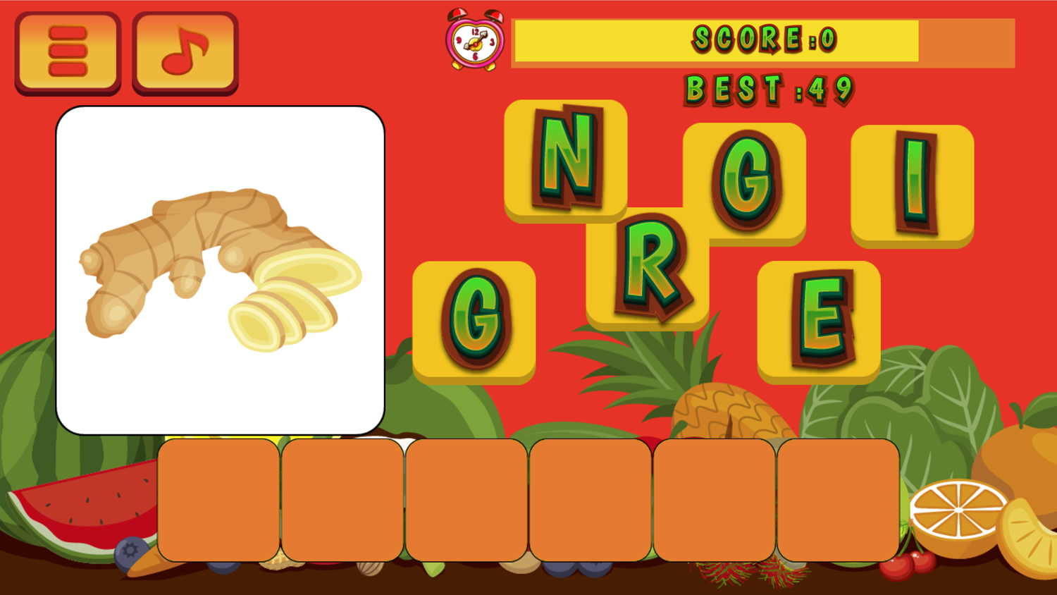 Fruits and Vegetables Word for Kids Game Letter Tiles Screenshot.