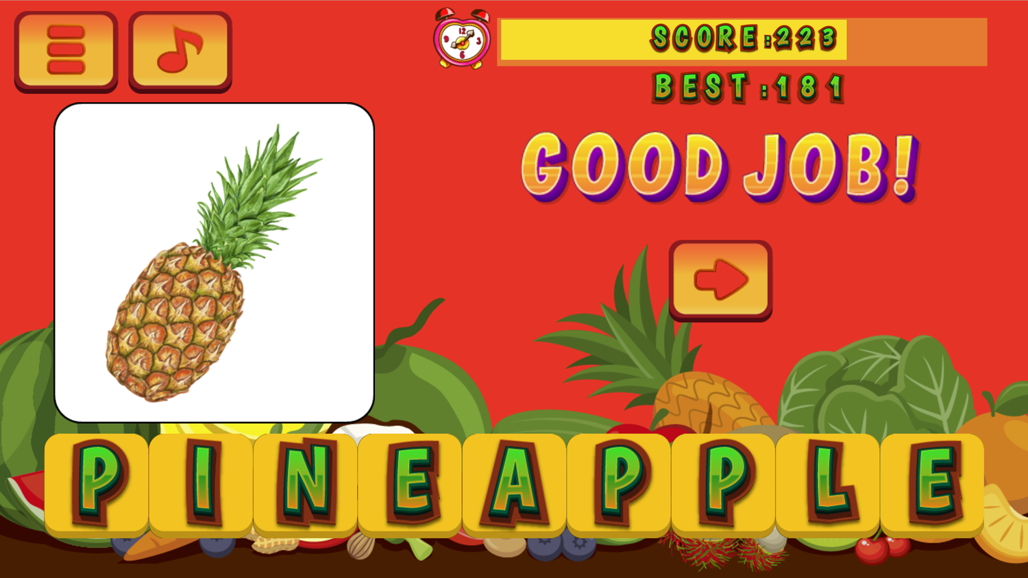 Fruits and Vegetables Word for Kids Game Pineapple Screenshot.