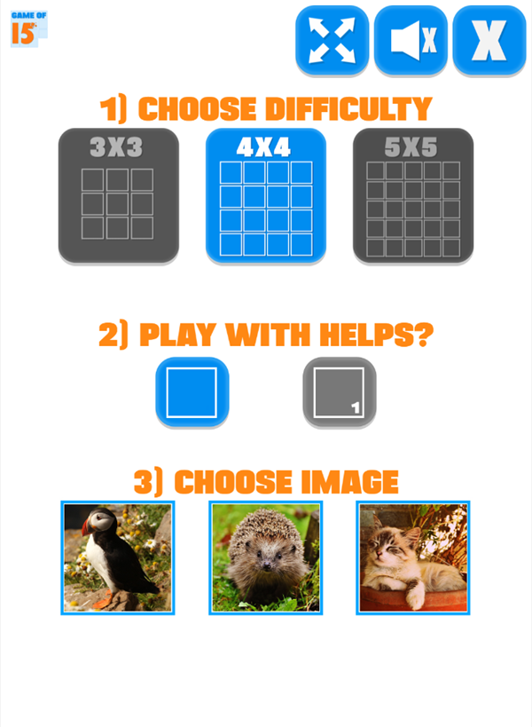 Game of 15 Slide Puzzle Game Settings Screenshot.