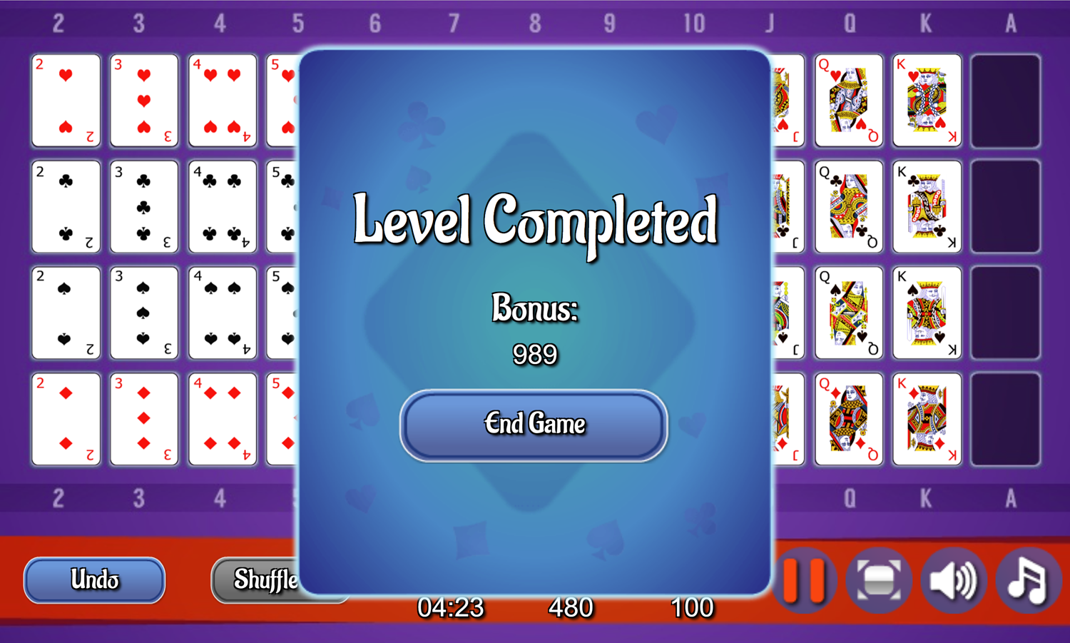 Gaps Solitaire Game Level Completed Screen Screenshot.