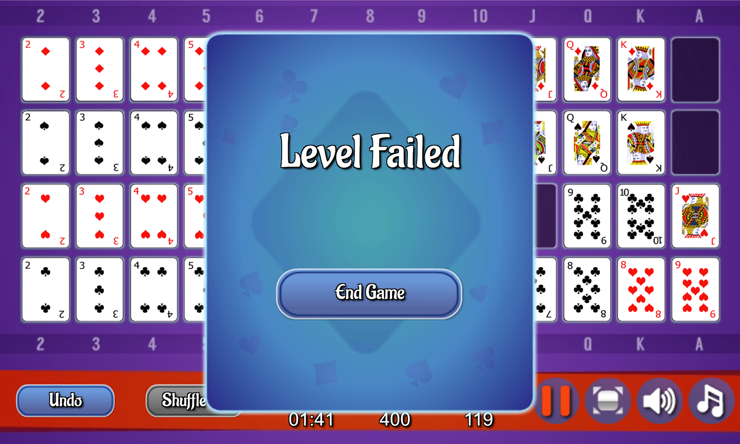 Gaps Solitaire Game Level Failed Screen Screenshot.