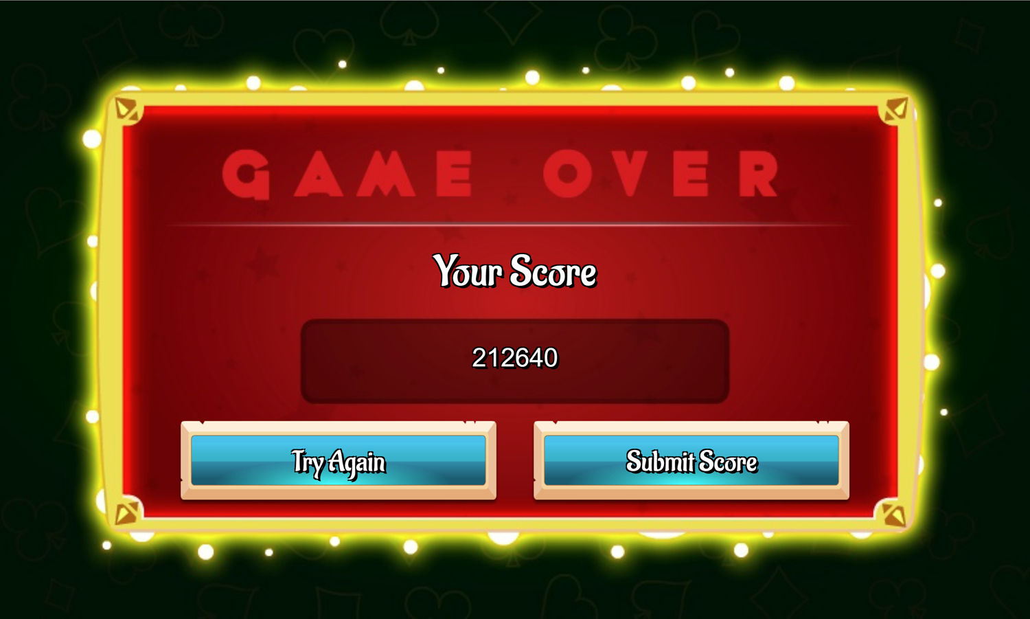 Glow Solitaire Game Over Screen Screenshot.