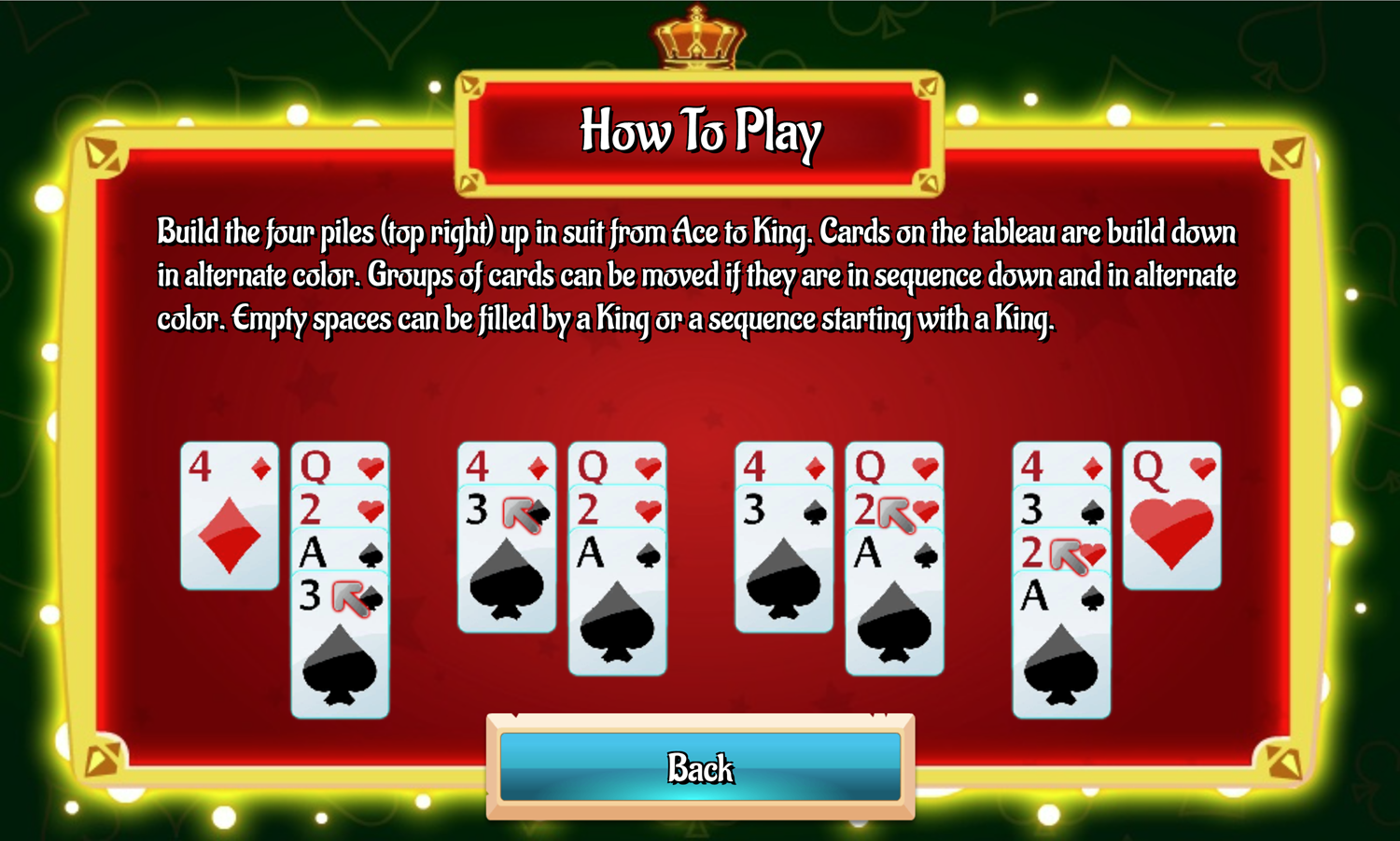 Glow Solitaire Game How to Play Screen Screenshot.