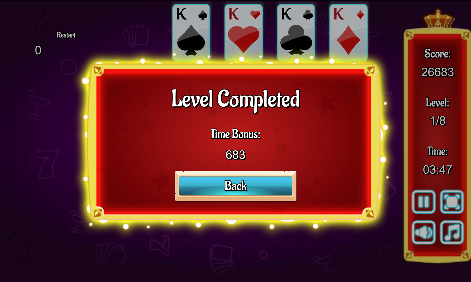 Glow Solitaire Game Level Completed Screen Screenshot.