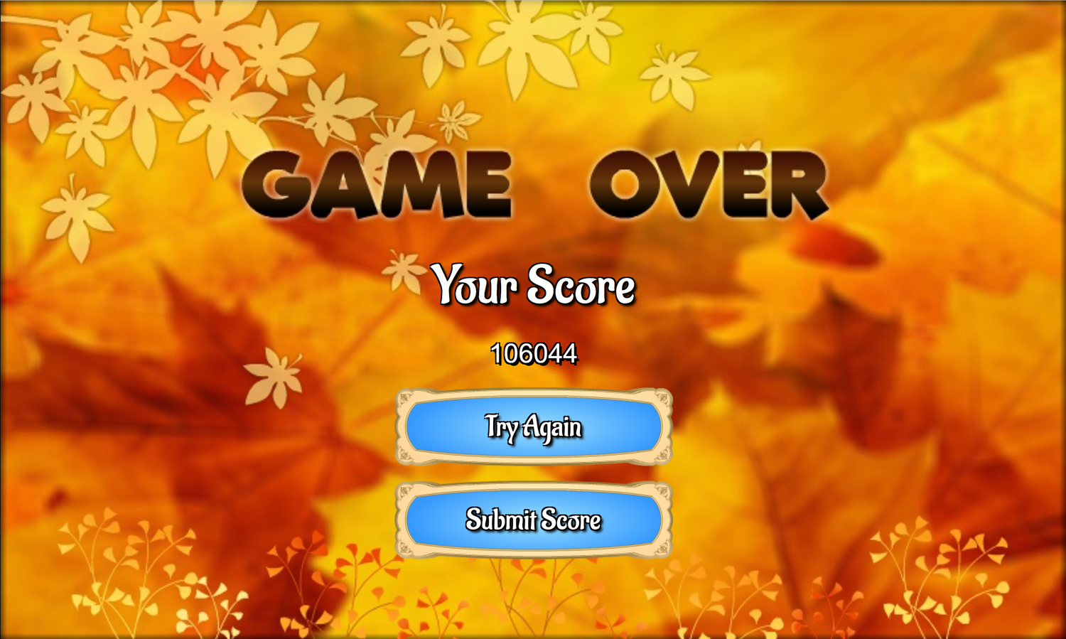 Golden Autumn Mahjong Game Over Screen Screenshot.