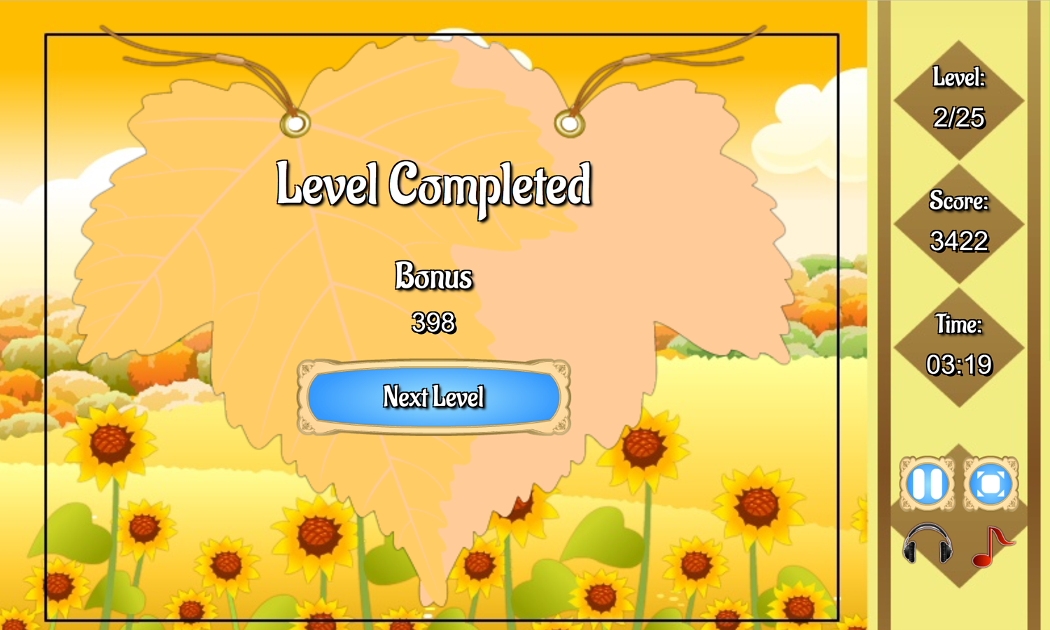 Golden Autumn Mahjong Game Level Complete Screen Screenshot.
