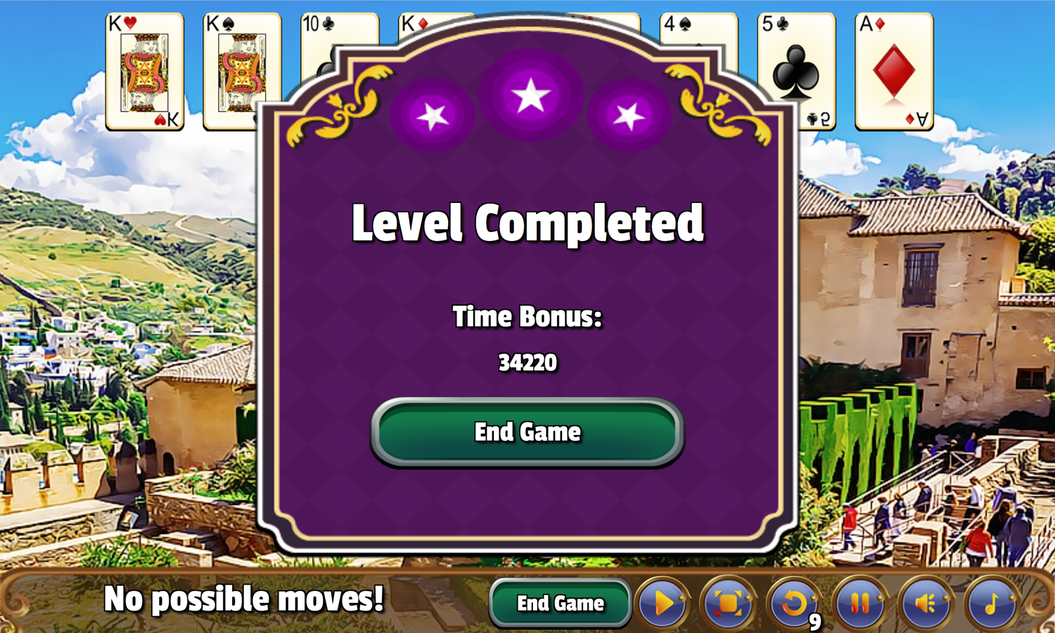 Granada Solitaire Game Level Completed Screen Screenshot.