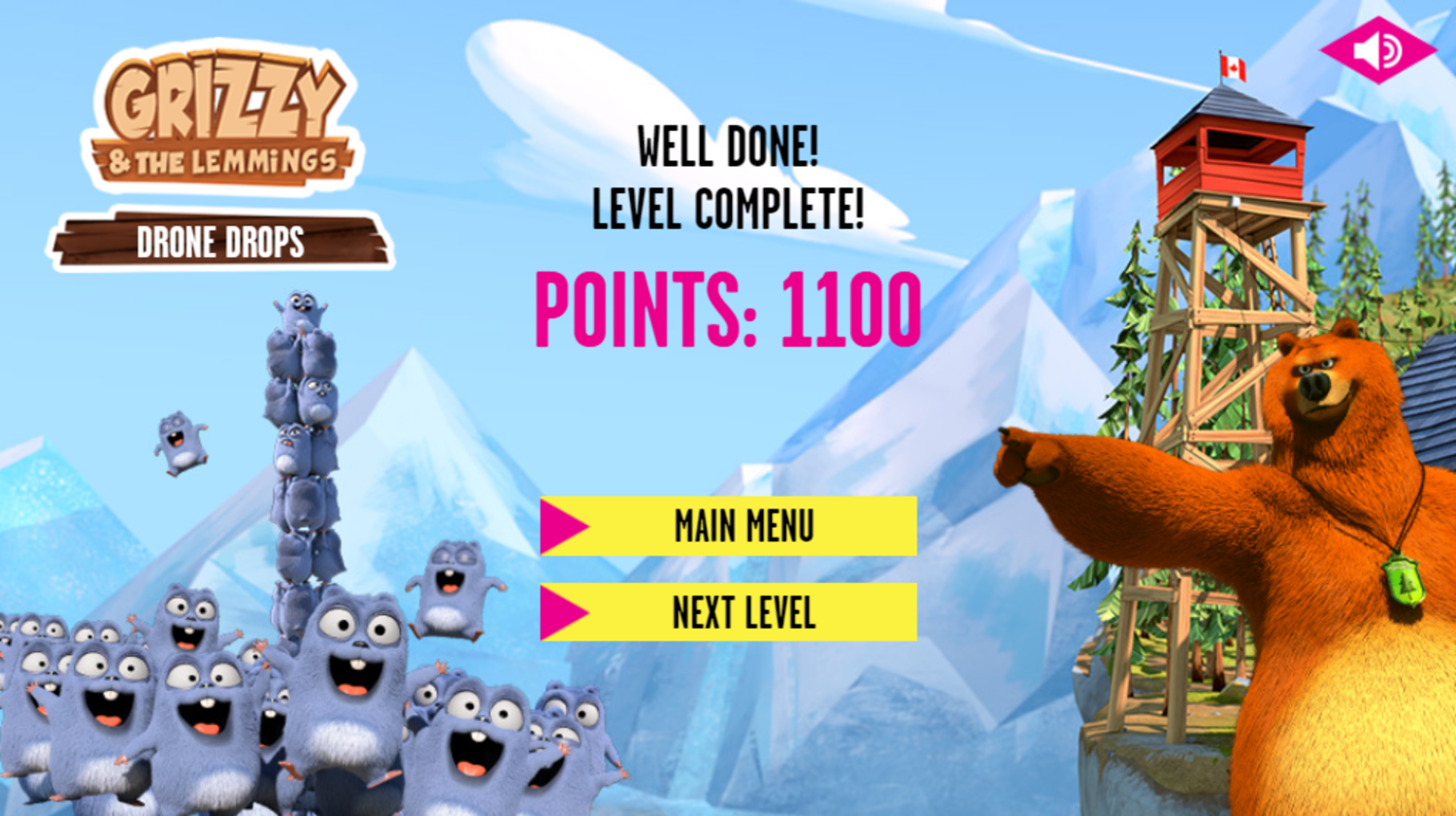 Grizzy and the Lemmings Drone Drops Game Level Complete Screenshot.