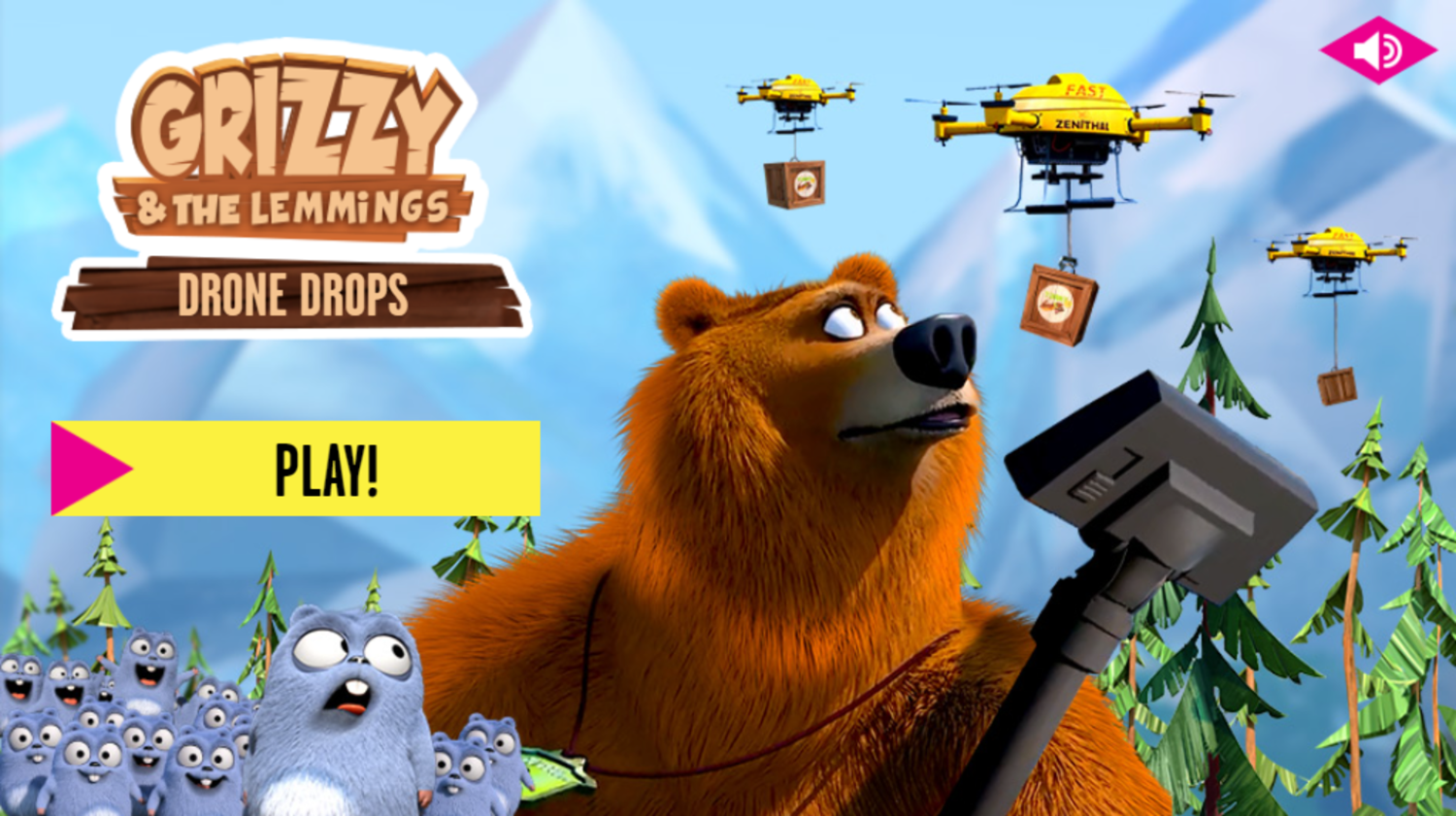 Grizzy and the Lemmings Drone Drops Game Welcome Screen Screenshot.