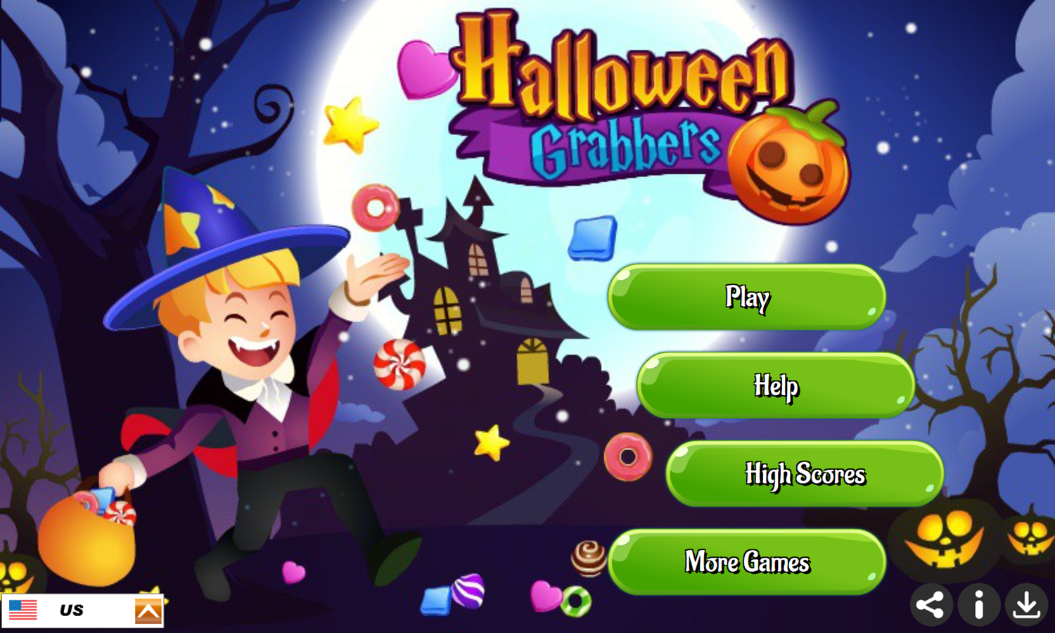 Halloween Grabbers Game Welcome Screen Screenshot.