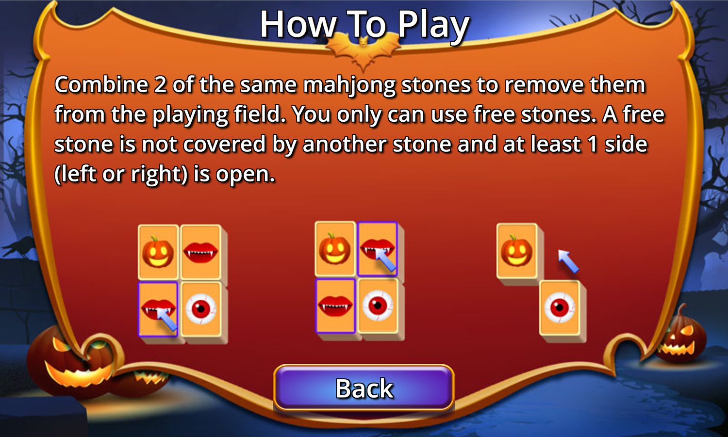 Halloween Mahjong Game Help Screen Screenshot.