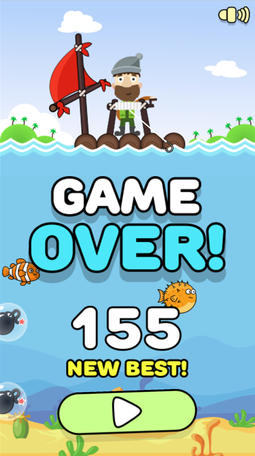 Happy Fishing Game Over Screen Screenshot.