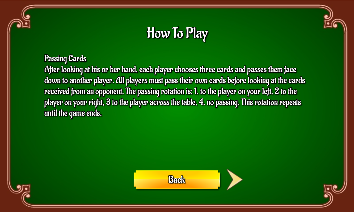Hearts Card Game Passing Instructions Screen Screenshot.