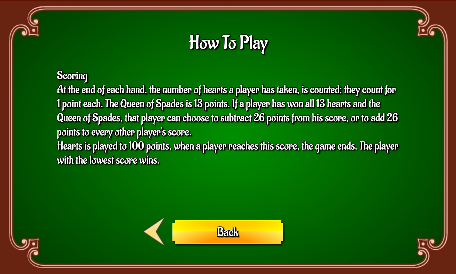 Hearts Card Game Scoring Instructions Screen Screenshot.