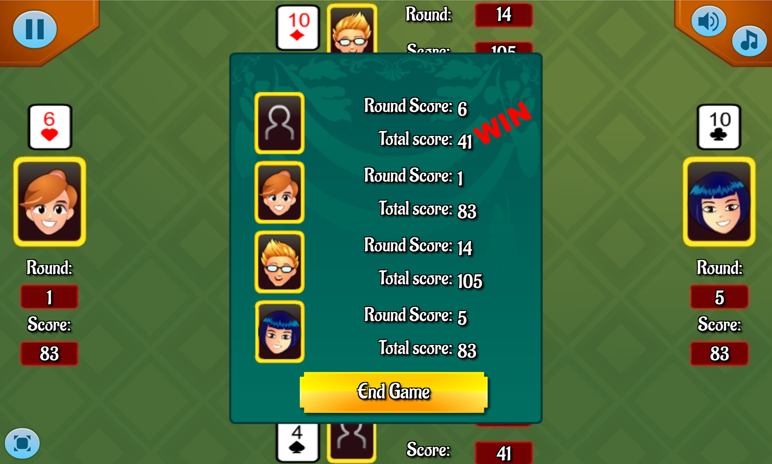 Hearts Card Game Won Screen Screenshot.