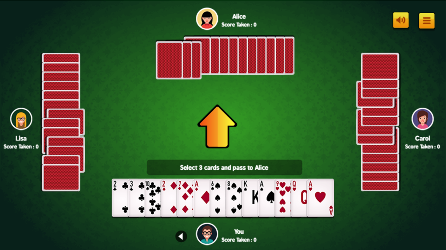Hearts Card Game Pass Across Screenshot.