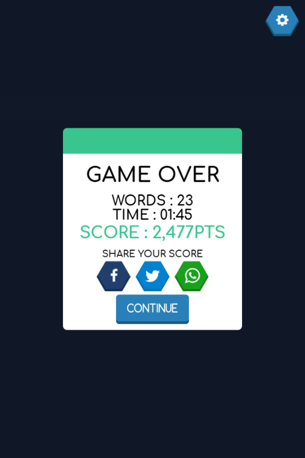 Hexa Word Game Over Screen Screenshot.