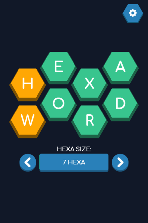 Hexa Word Game Puzzle Size Select Screen Screenshot.