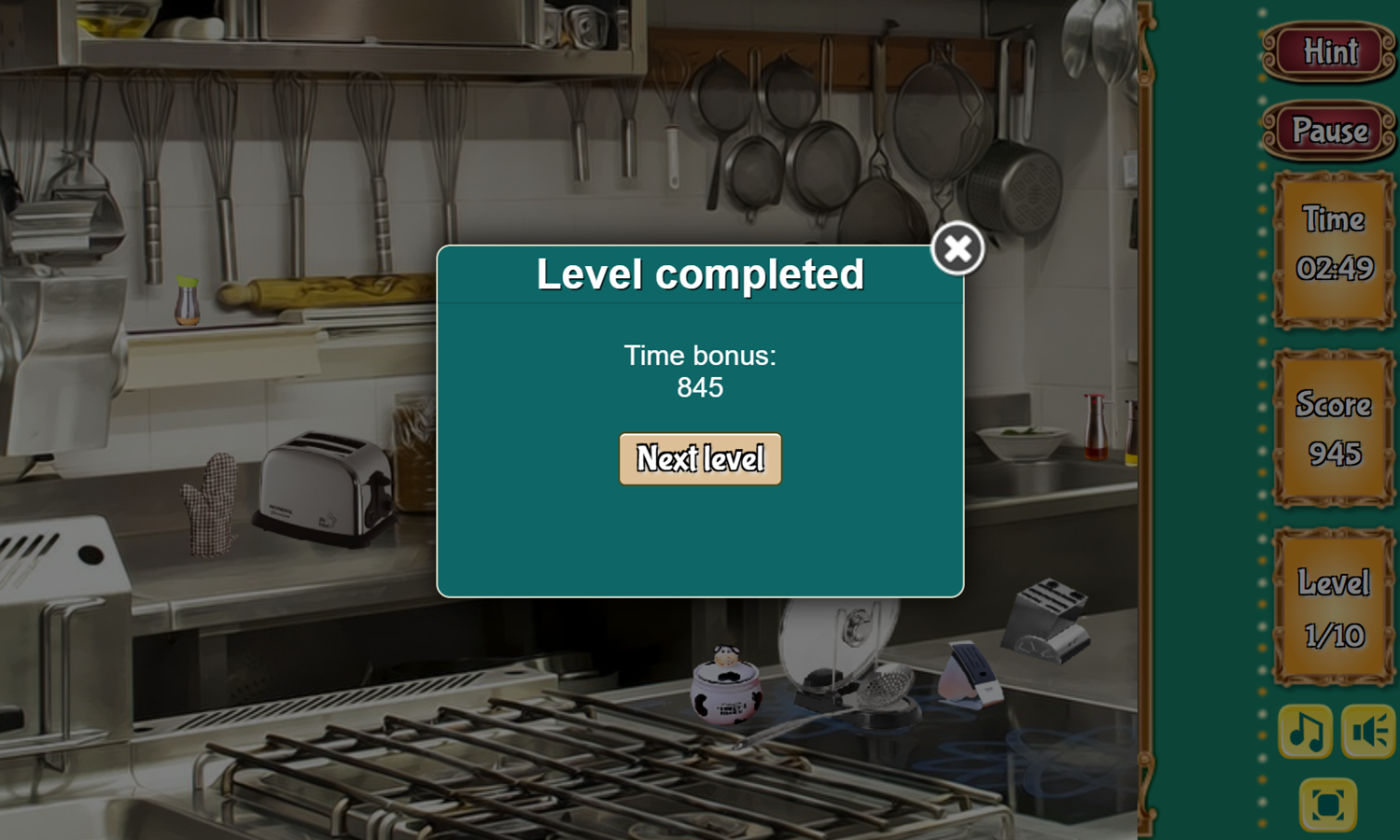 Hidden Kitchen Game Level Completed Screenshot.