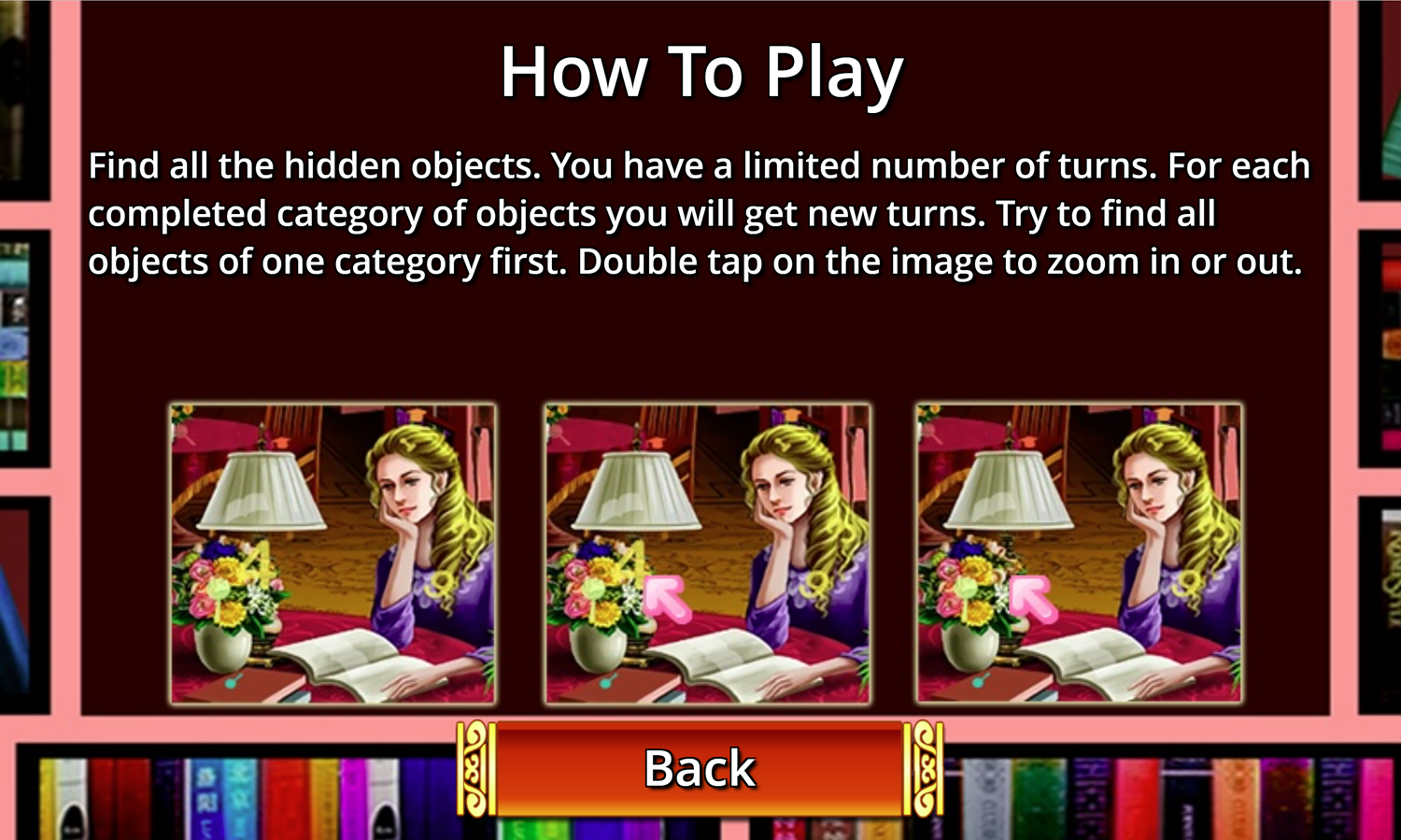 Hidden Library Game How to Play Screen Screenshot.