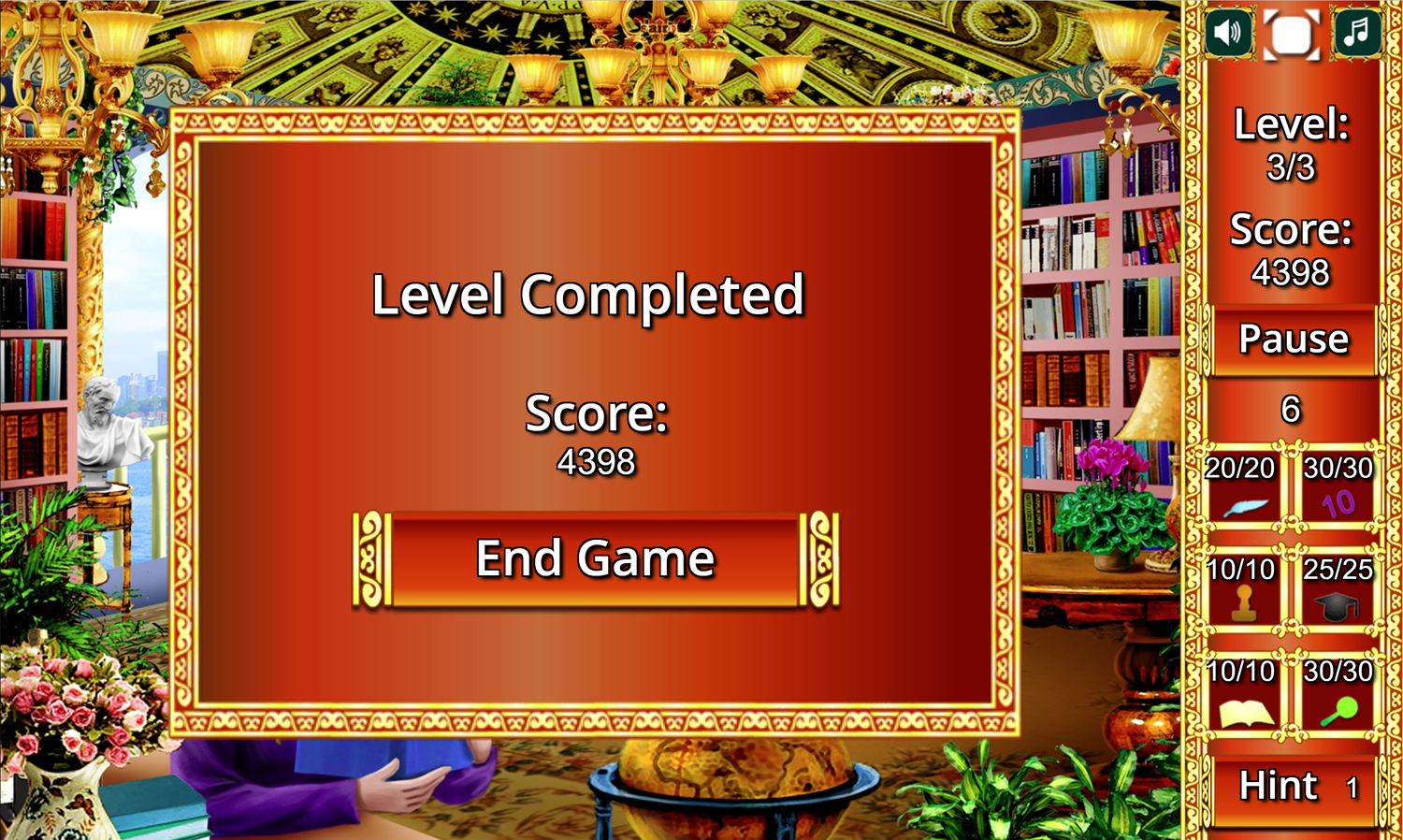 Hidden Library Game Third Level Completed Screen Screenshot.