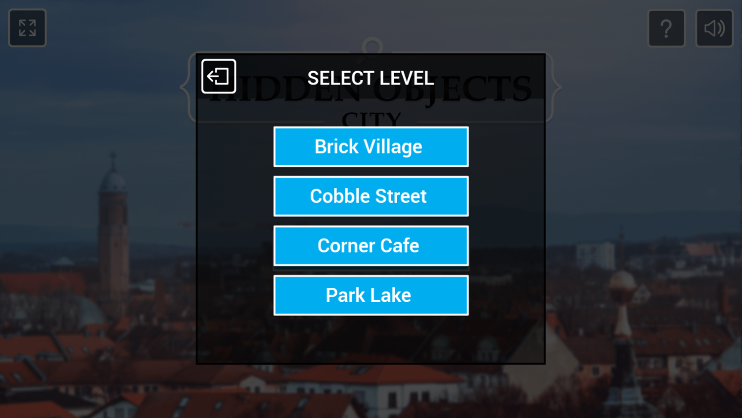 Hidden Objects City Game Level Select Screen Screenshot.