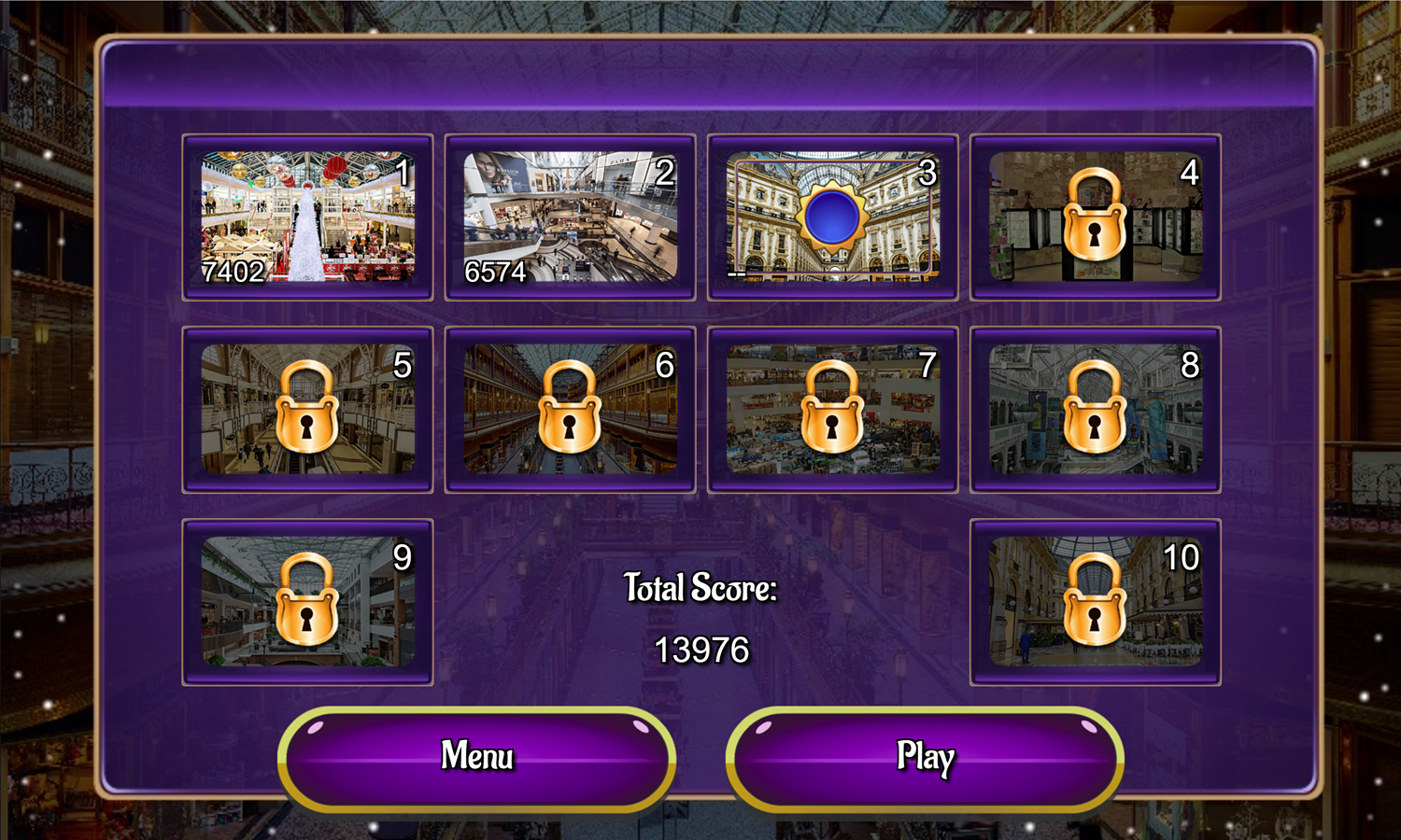 Hidden Spots Shopping Mall Game Level Select Screen Screenshot.