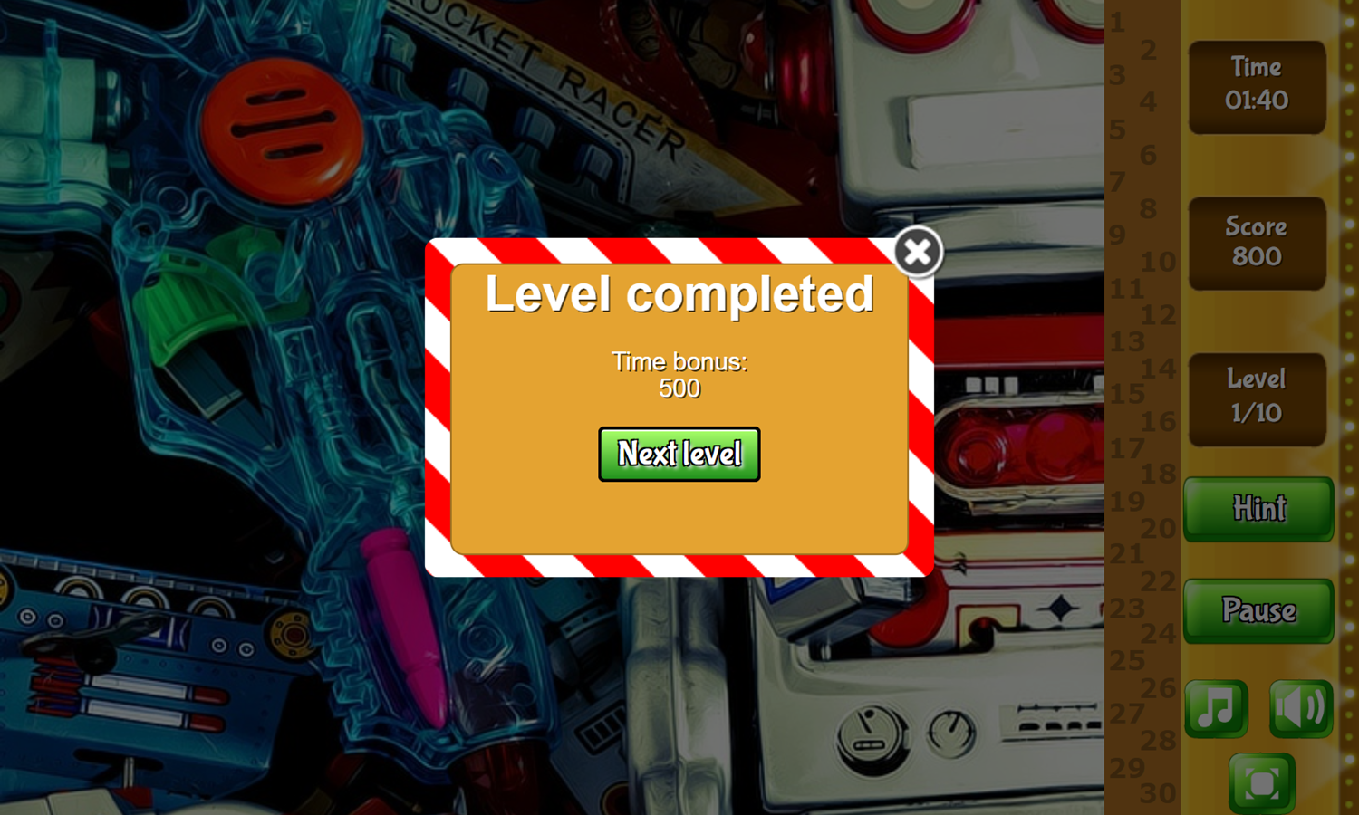 Hidden Toys Game Level Completed Screenshot.