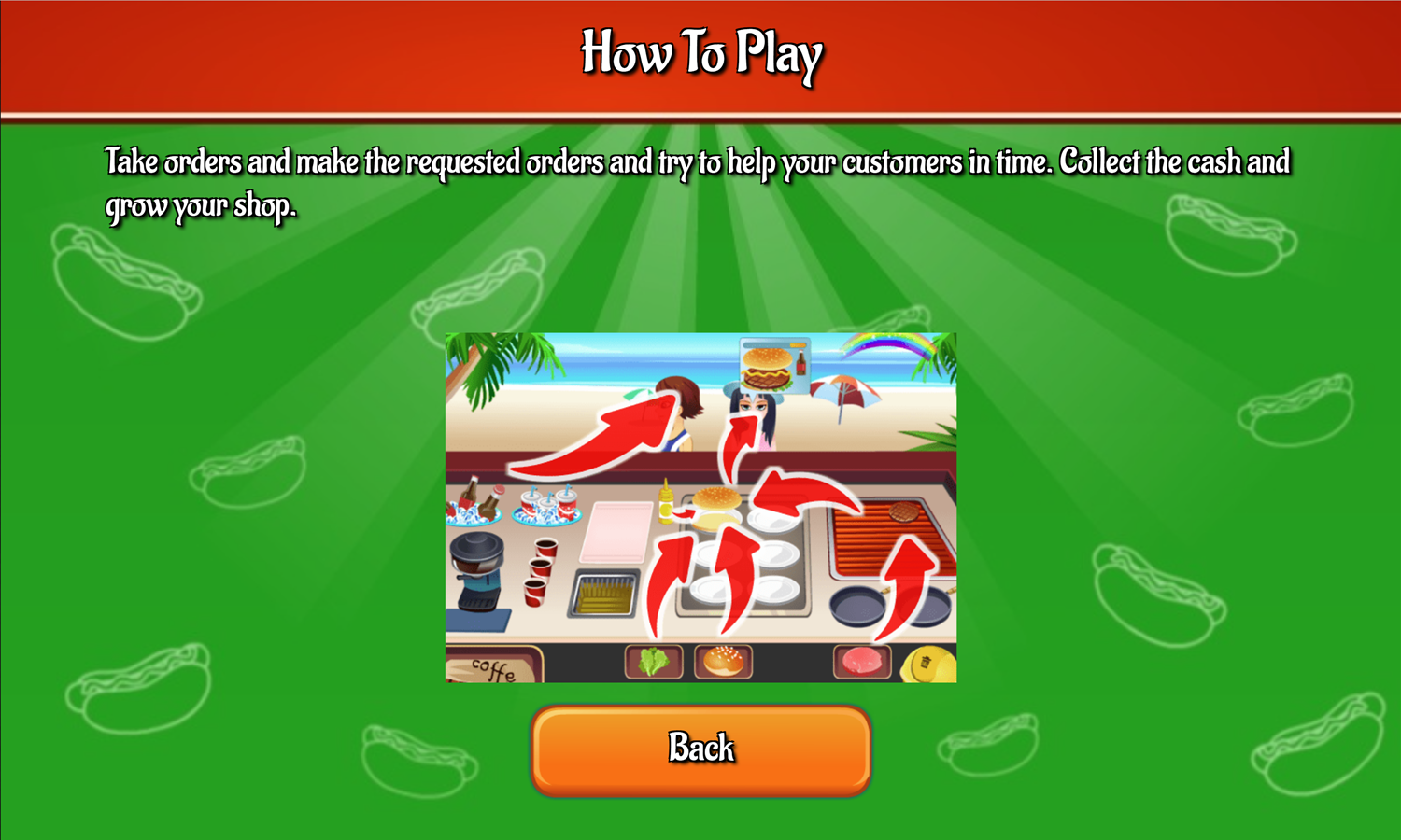Hotdog Shop Game How to Play Screen Screenshot.