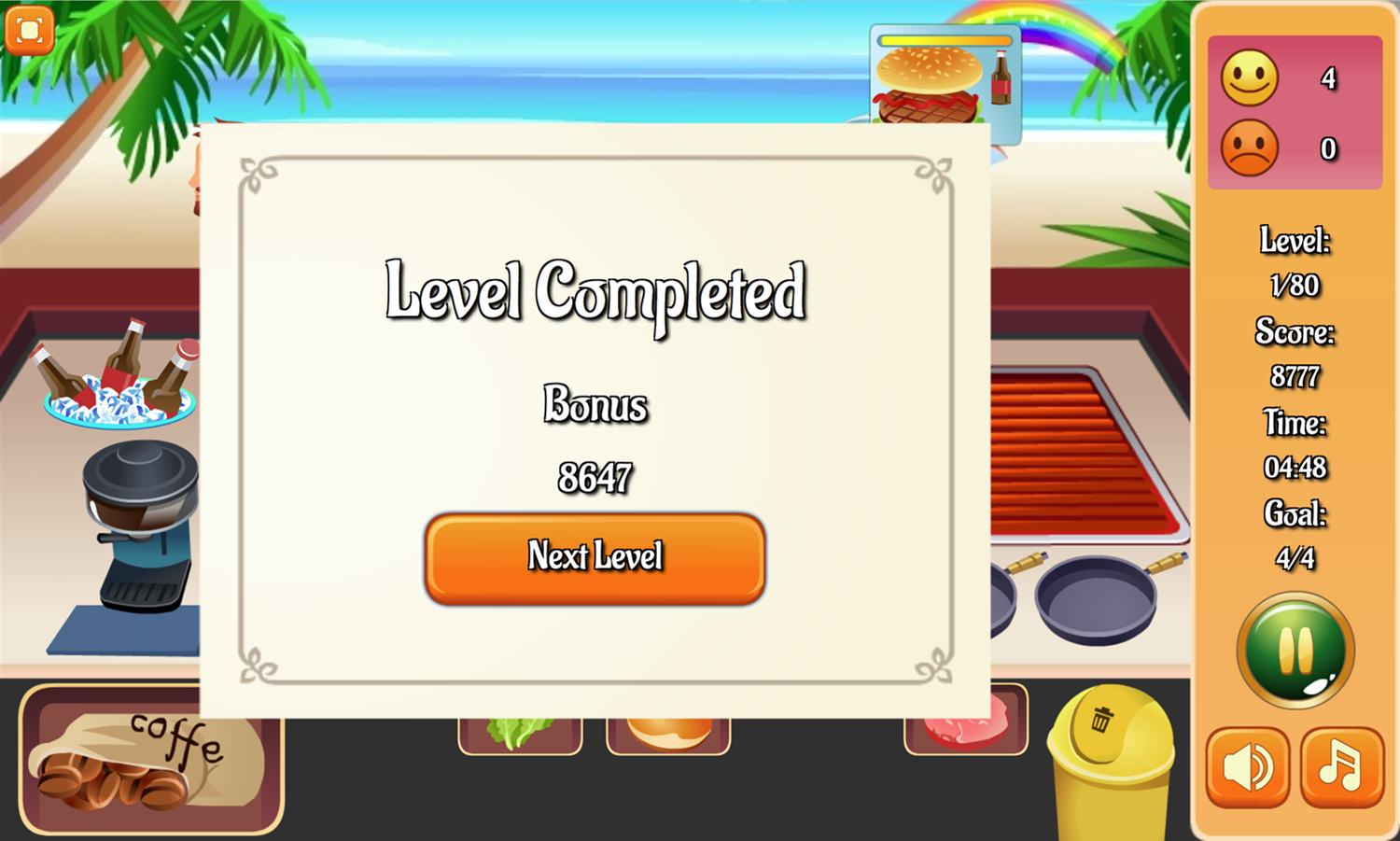 Hotdog Shop Game Level Completed Screen Screenshot.