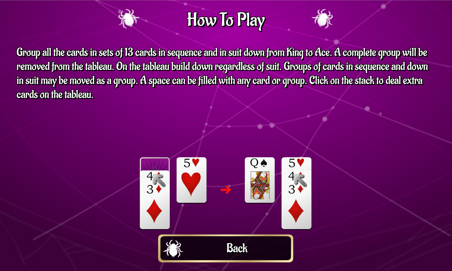 Huge Spider Solitaire Game How to Play Screen Screenshot.