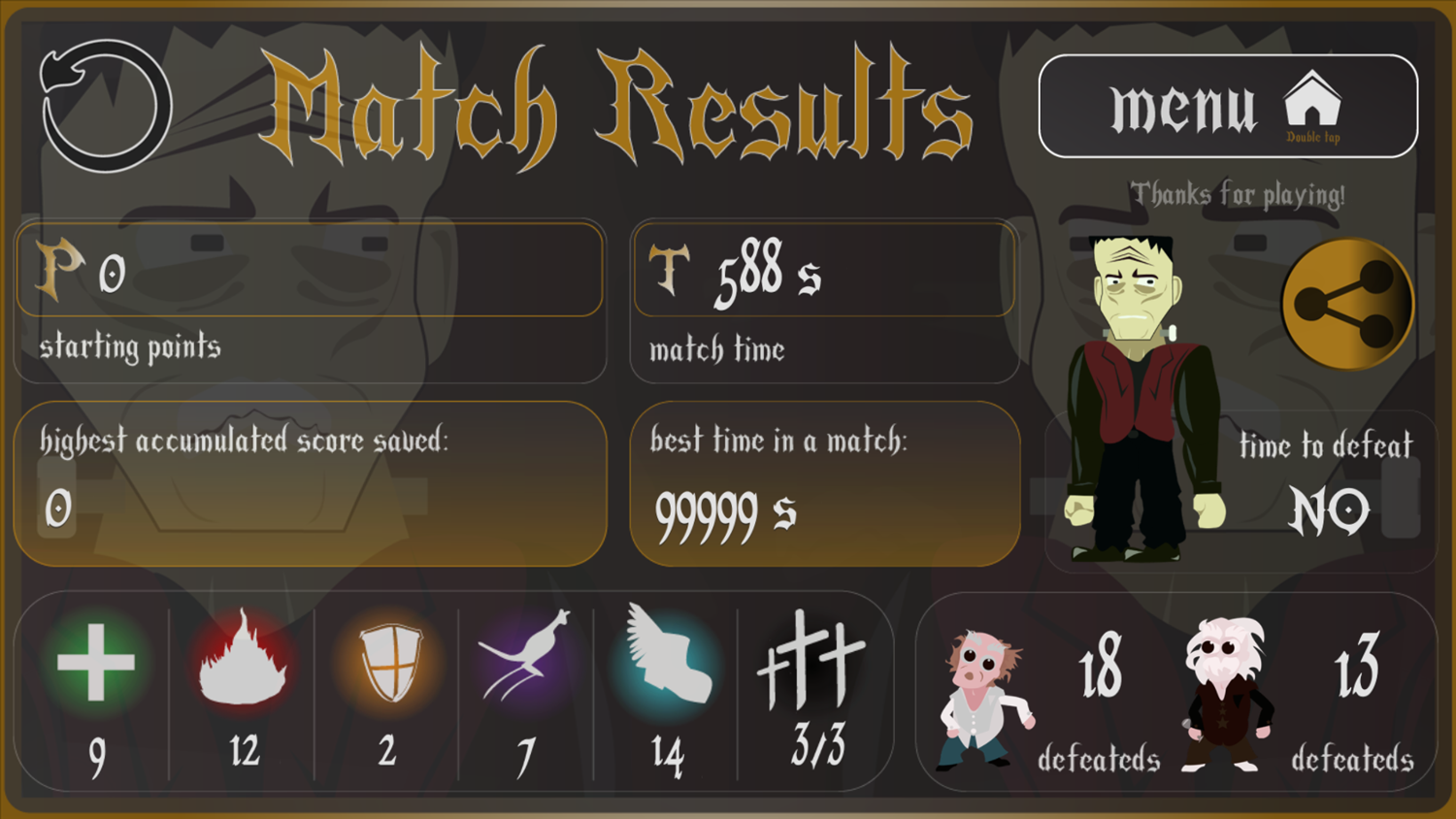 Hunters and Monsters One Frank's Waking Up Game Match Results Screenshot.