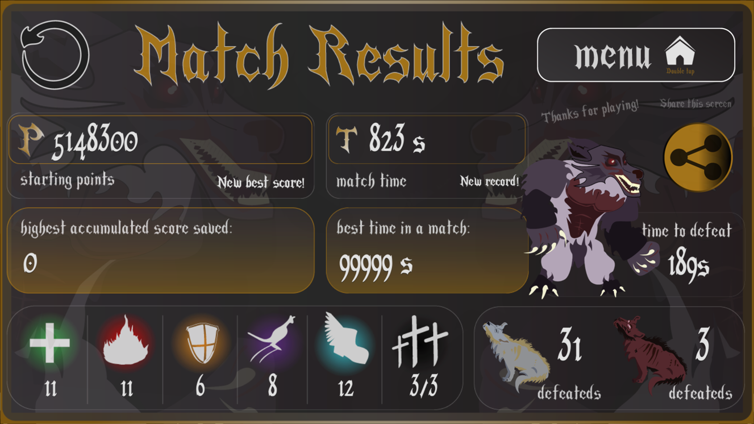 Hunters and Monsters Two Full Moon Night Game Match Results Screenshot.