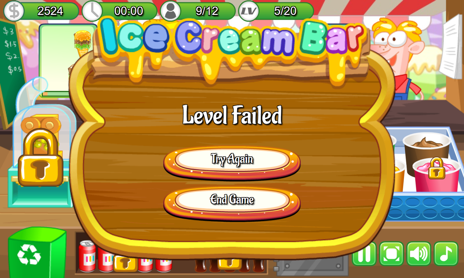 Ice Cream Bar Game Level Failed Screenshot.