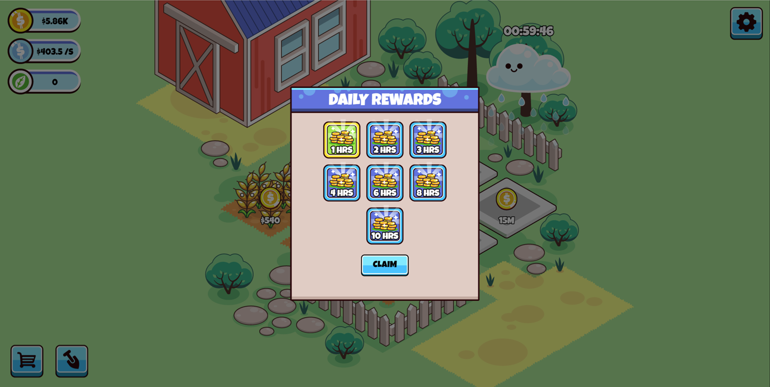Idle Farming Business Game Daily Rewards Screen Screenshot.