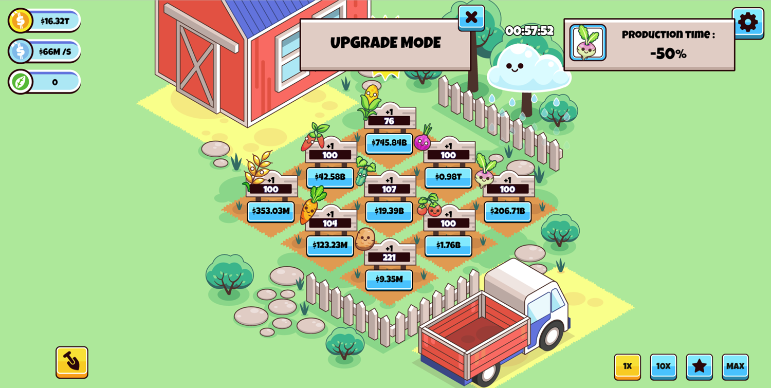Idle Farming Business Game Production Upgrade Reward Screenshot.