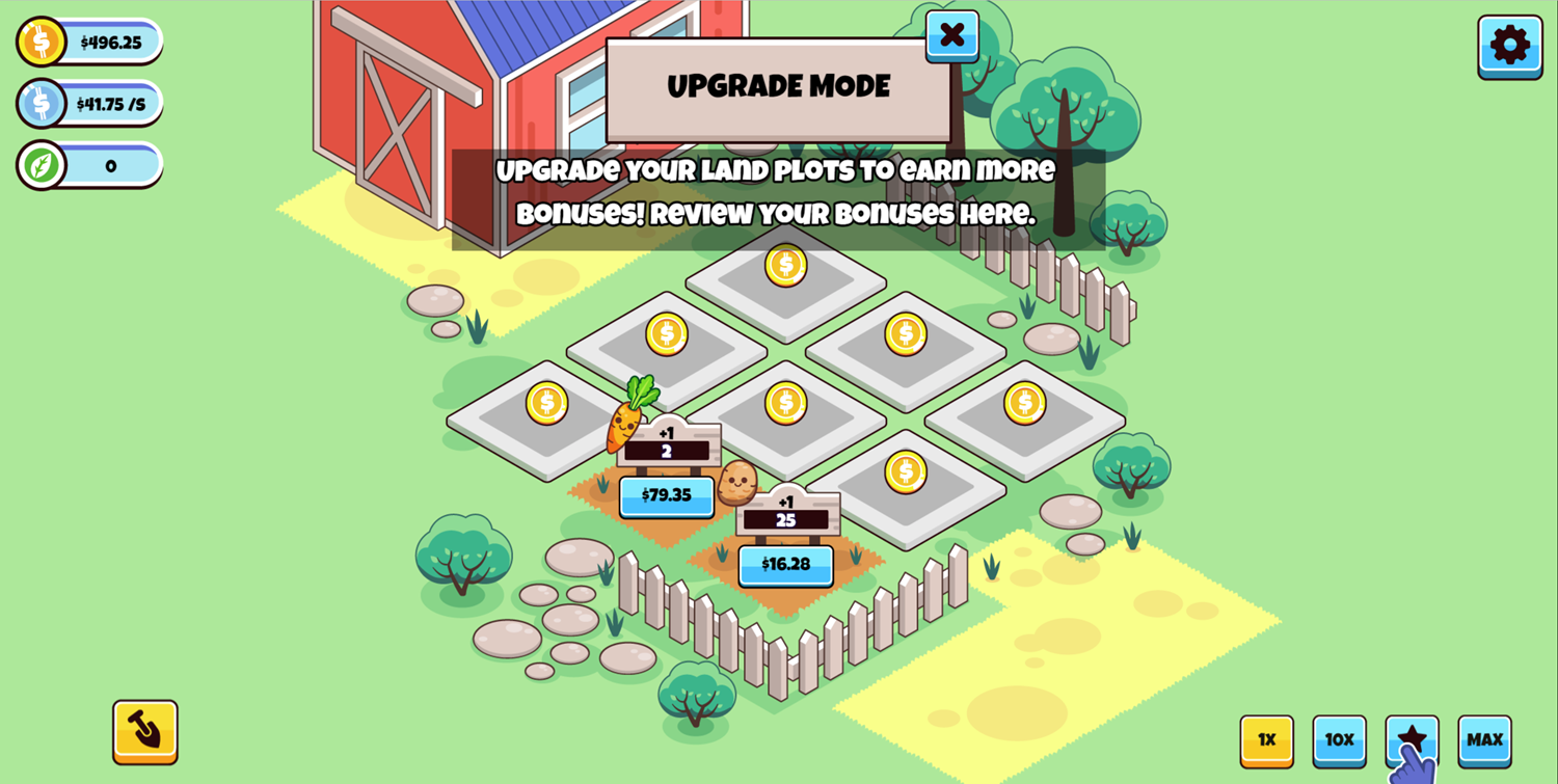 Idle Farming Business Game Upgrade Plots to Earn Bonuses Screenshot.