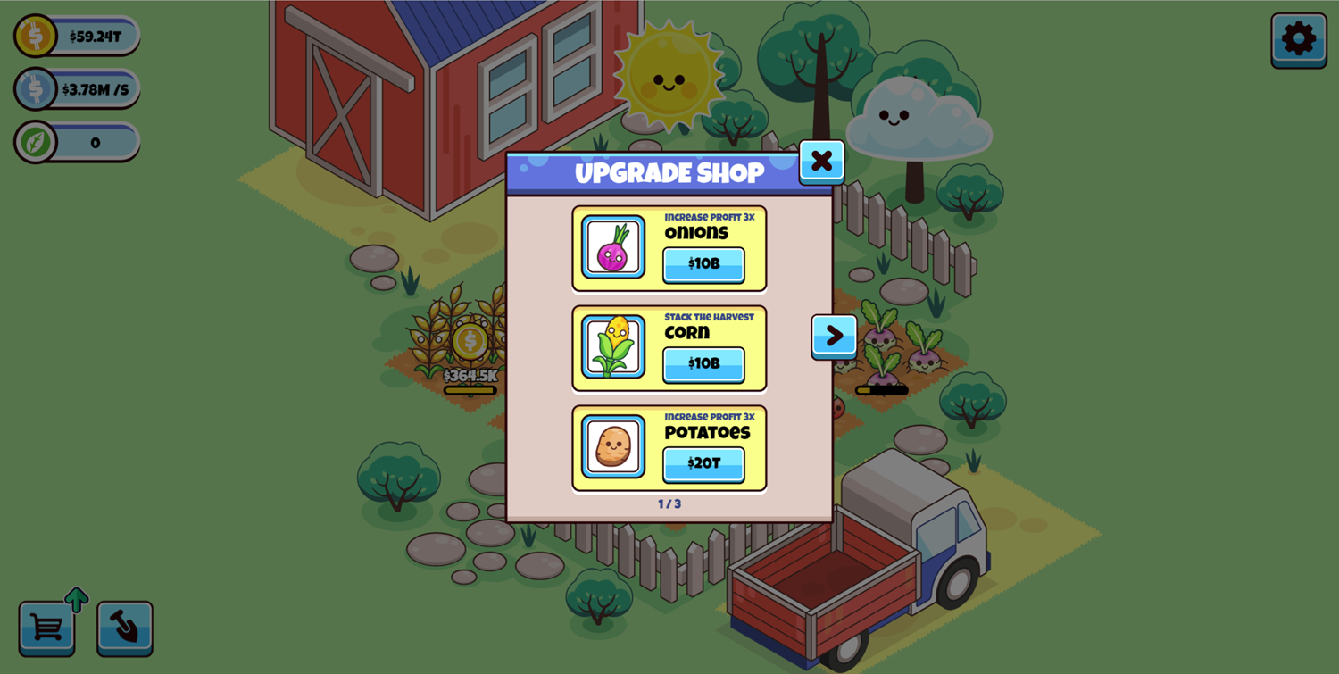 Idle Farming Business Game Upgrade Shop Screen Screenshot.