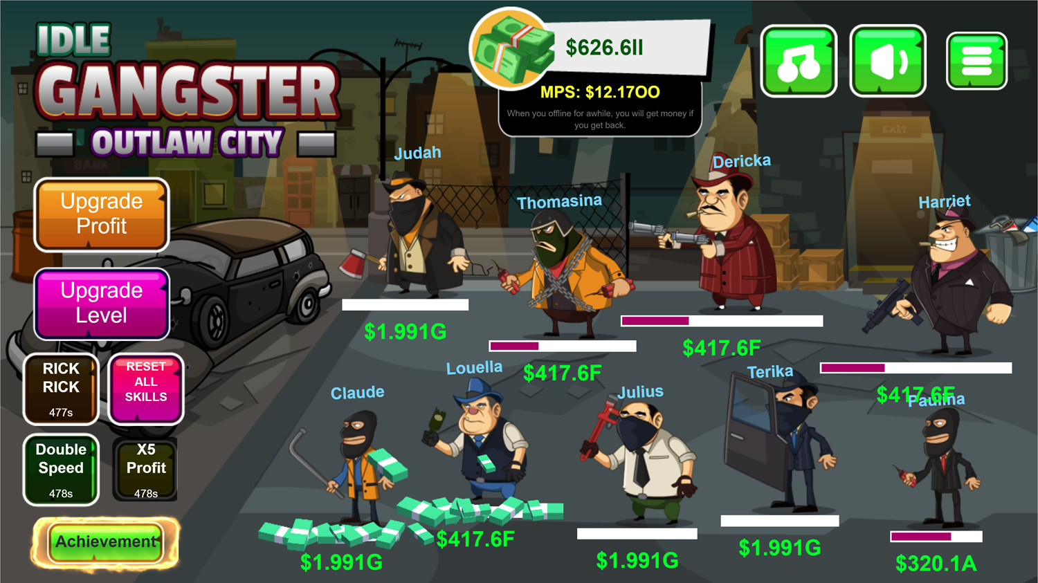 Idle Gangster Game Characters Upgraded Screenshot.