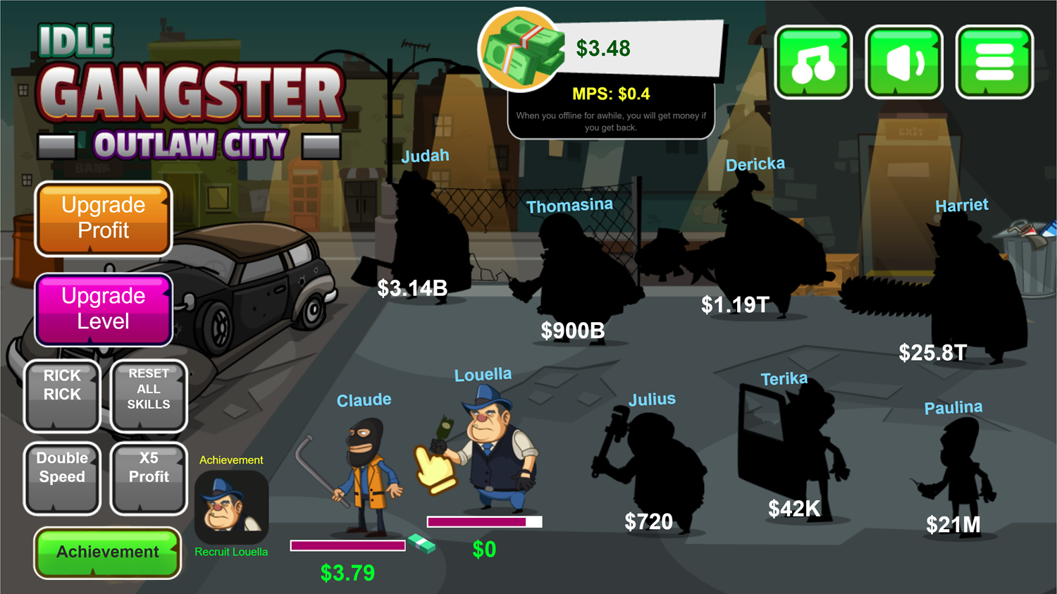 Idle Gangster Game Recruit Louella Screenshot.