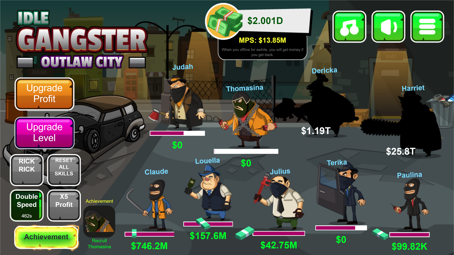 Idle Gangster Game Recruit Thomasina Screenshot.