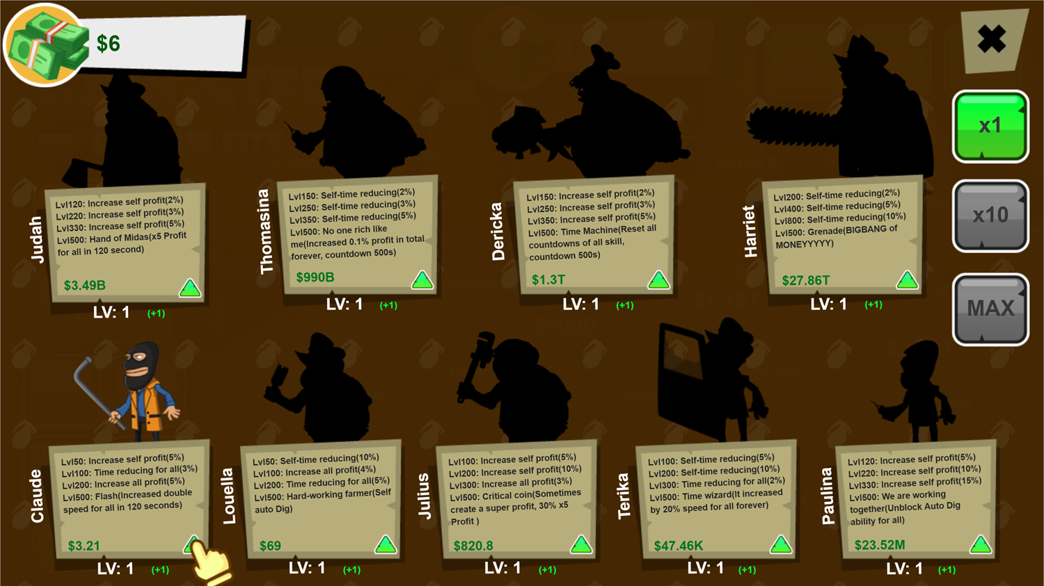 Idle Gangster Game Upgrade Level Screen Screenshot.