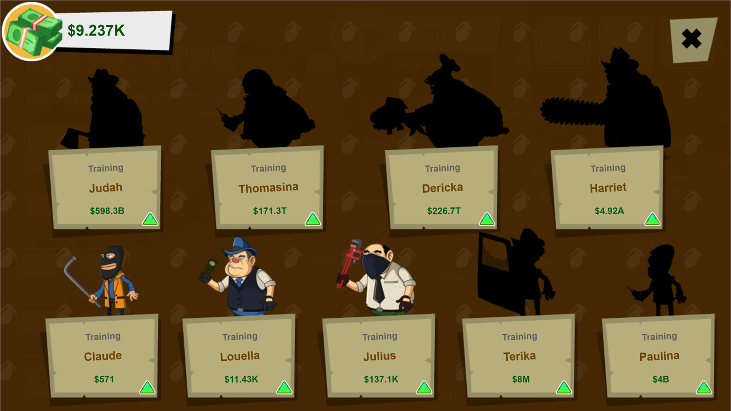 Idle Gangster Game Upgrade Profit Screen Screenshot.