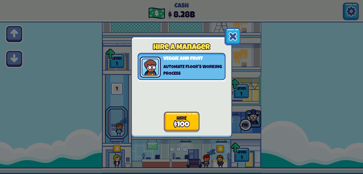 Idle Hypermart Empire Game Hire a Manager Screen Screenshot.