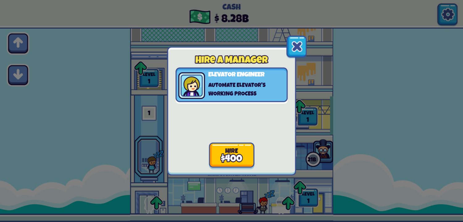 Idle Hypermart Empire Game Hire Elevator Engineer Screen Screenshot.