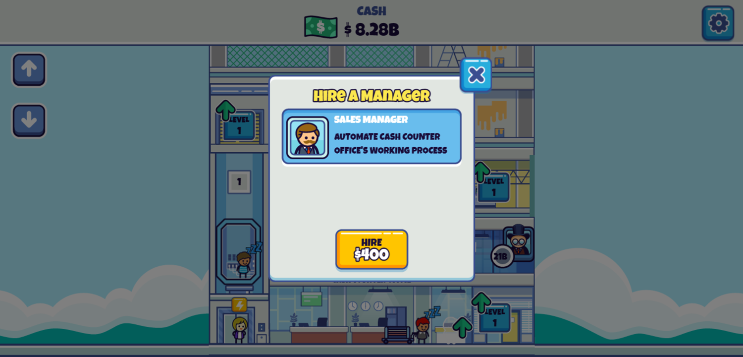 Idle Hypermart Empire Game Hire Sales Manager Screen Screenshot.