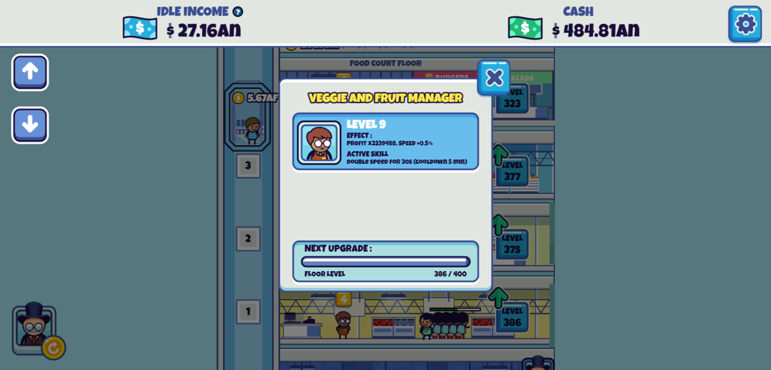 Idle Hypermart Empire Game Manager Upgrade Progress Screen Screenshot.